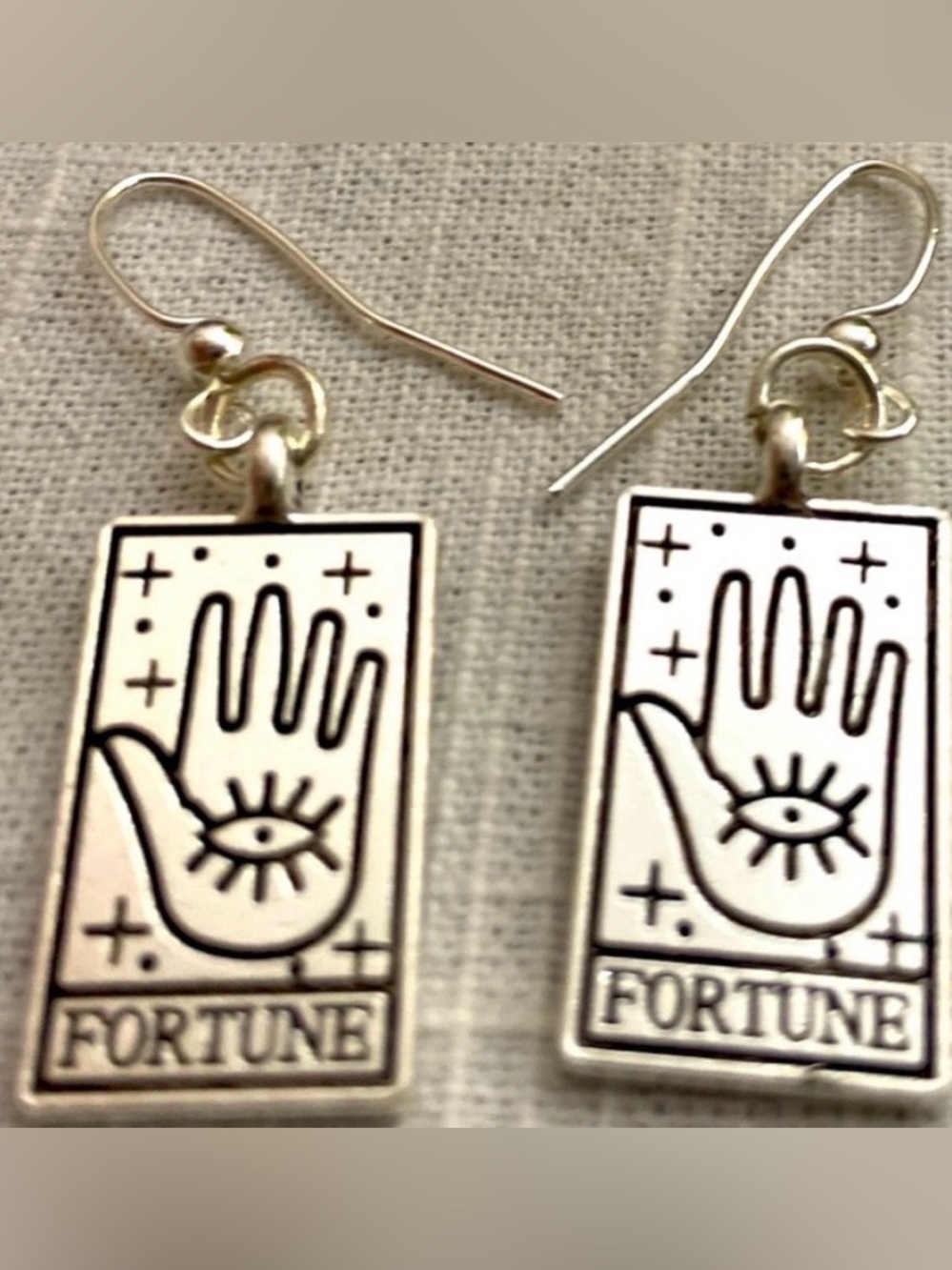 NWOT earrings Tarot Card “Fortune” etched cards, Silvertone metal, pierced hook